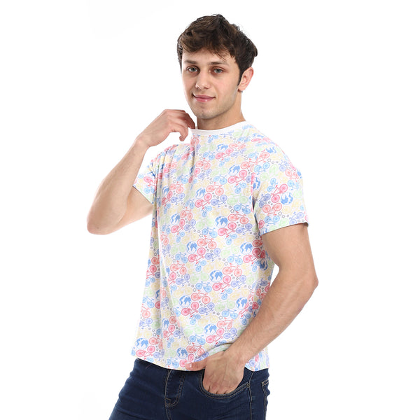 Round Neck Self Pattern Basic Cotton T-Shirt - MultiColor