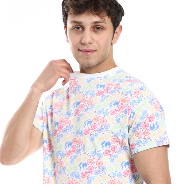 Round Neck Self Pattern Basic Cotton T-Shirt - MultiColor