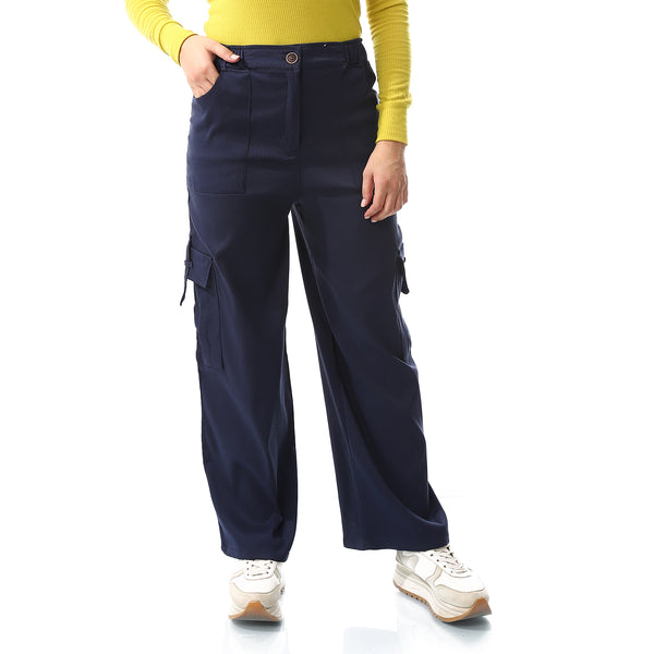 Wide Leg Navy Blue Multi-Closure Cargo Pants