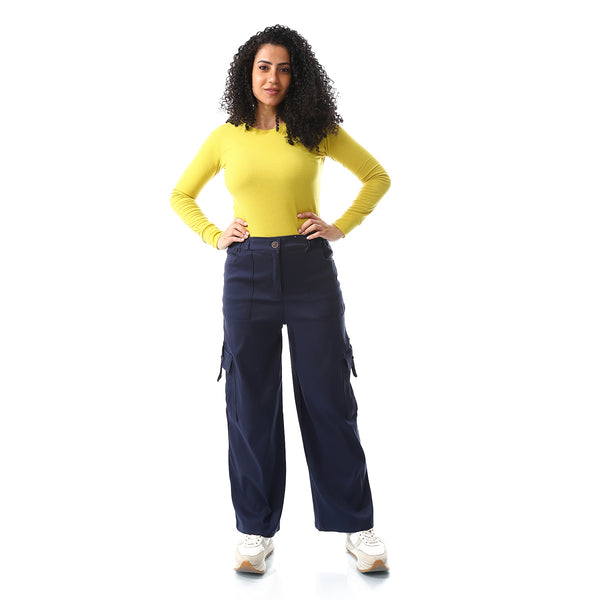 Wide Leg Navy Blue Multi-Closure Cargo Pants