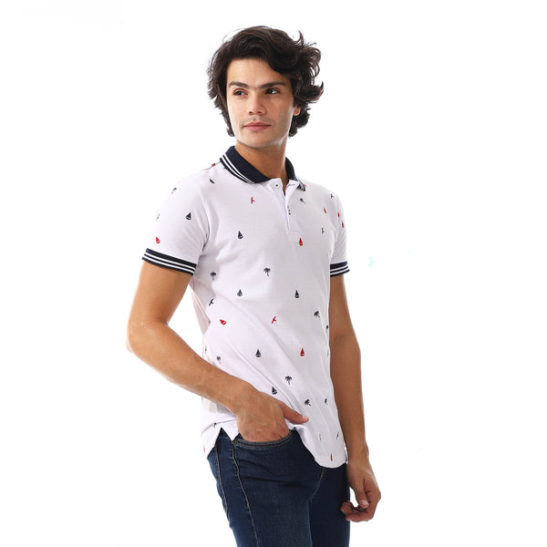 Summer Vibes White Polo With Touch Of Nabvy Blue & Red