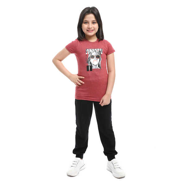 front printed half sleeves girls tee- Burgundy