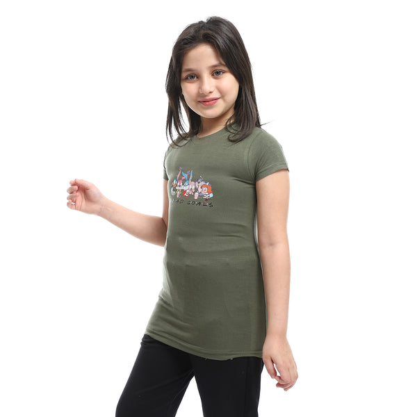 front printed half sleeves girls tee - olive