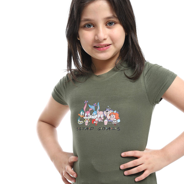 front printed half sleeves girls tee - olive