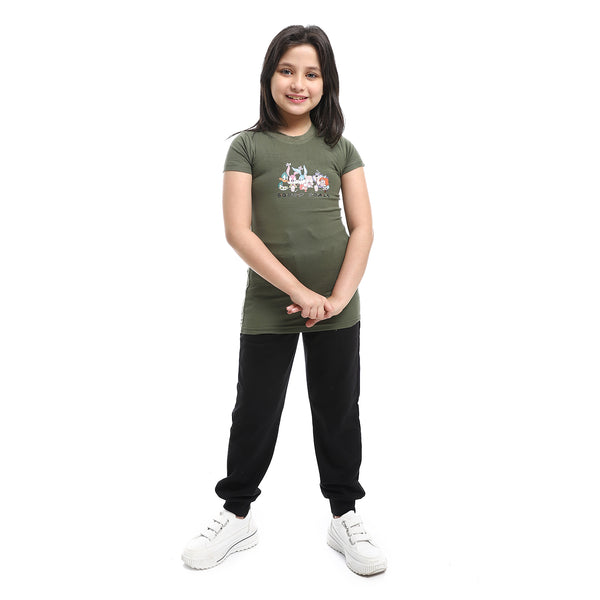 front printed half sleeves girls tee - olive