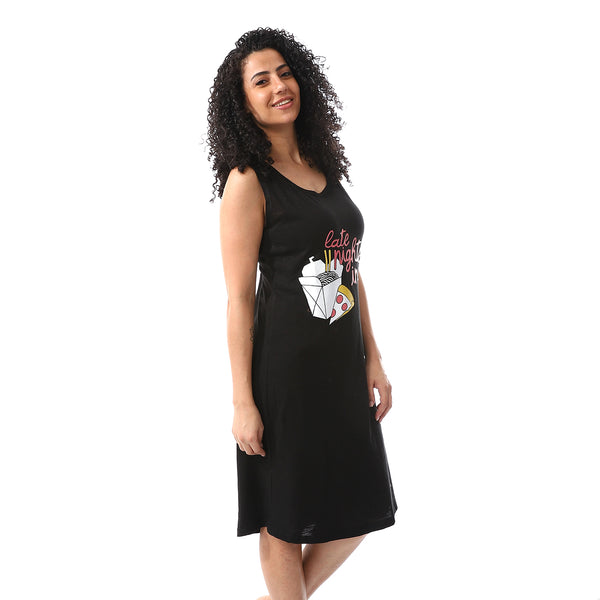 Printed Comfy Black Sleeveless Sleepshirt