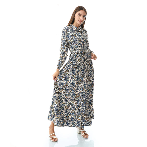 Self Pattern Dress With Belt