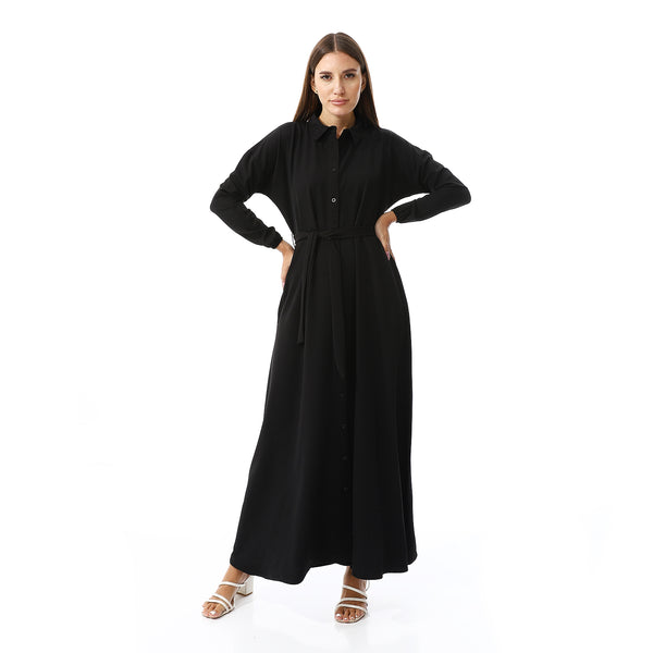 Buttons Down Closure Plain Dress - Black