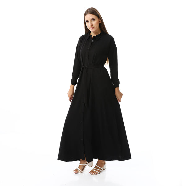 Buttons Down Closure Plain Dress - Black