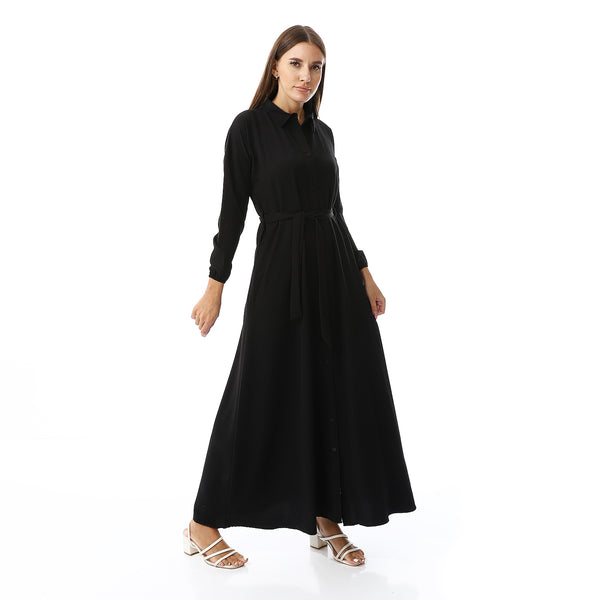 Buttons Down Closure Plain Dress - Black