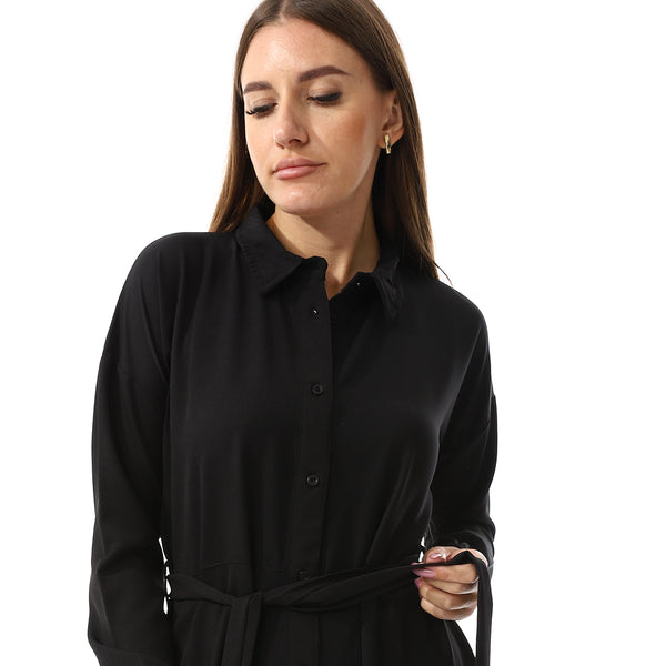 Buttons Down Closure Plain Dress - Black