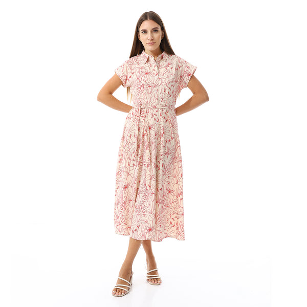 Floral Pattern Sleeveless Dress - Cream Beige & Red