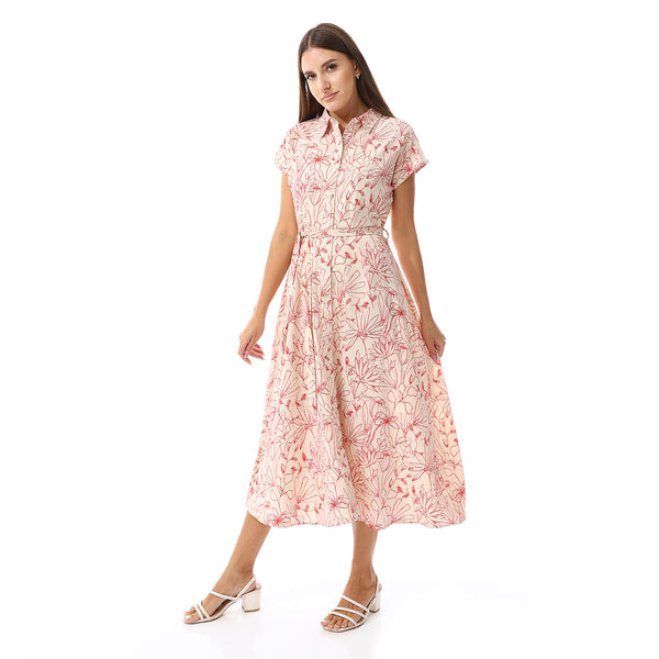 Floral Pattern Sleeveless Dress - Cream Beige & Red