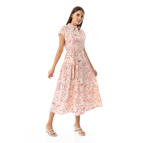 Floral Pattern Sleeveless Dress - Cream Beige & Red