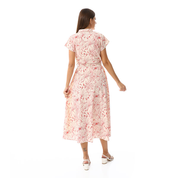 Floral Pattern Sleeveless Dress - Cream Beige & Red