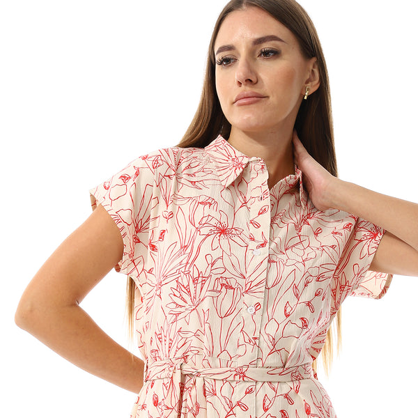 Floral Pattern Sleeveless Dress - Cream Beige & Red