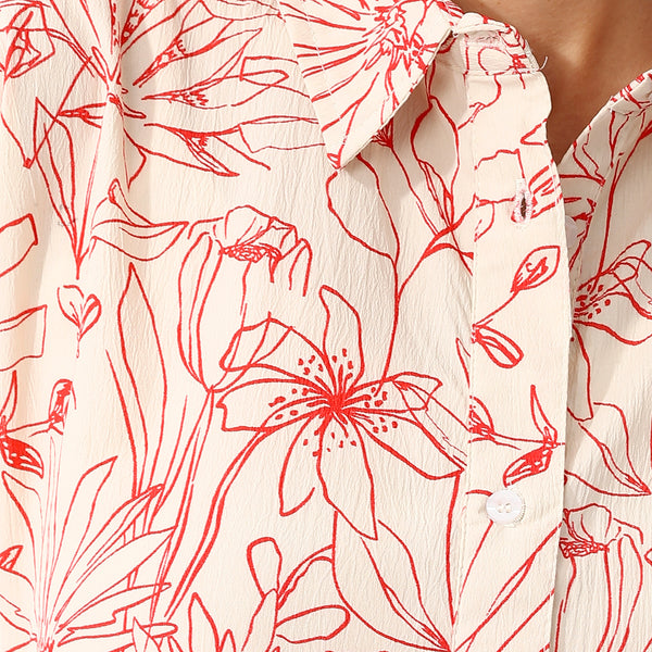 Floral Pattern Sleeveless Dress - Cream Beige & Red