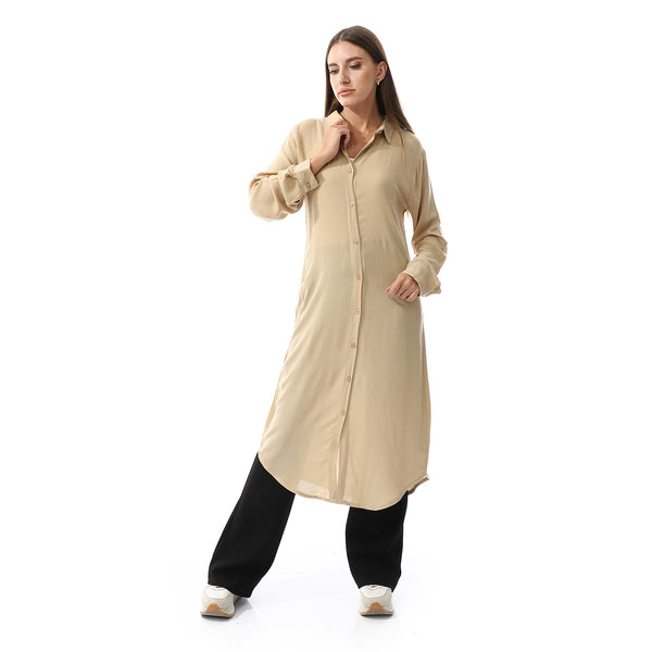 Turn Down Collar Plain Long Shirt - Beige
