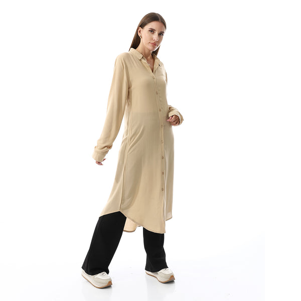 Turn Down Collar Plain Long Shirt - Beige