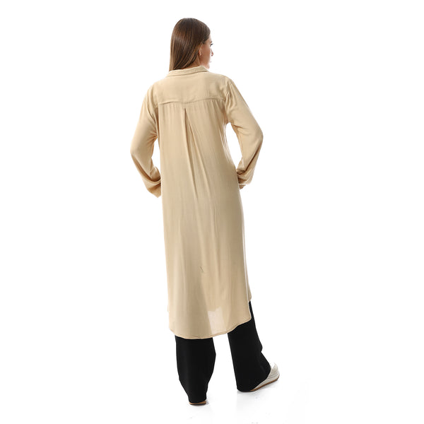 Turn Down Collar Plain Long Shirt - Beige