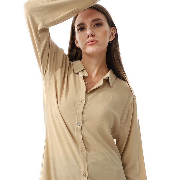 Turn Down Collar Plain Long Shirt - Beige