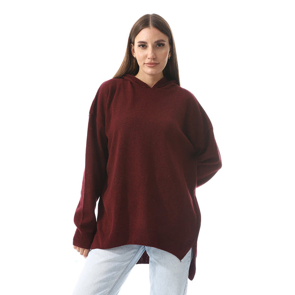 Wind Red High-Low Knitted Hoodie