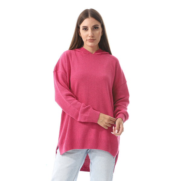 Fuchsia High-Low Knitted Hoodie