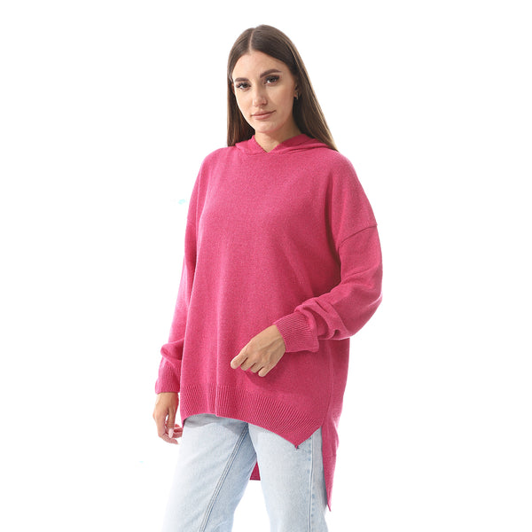 Fuchsia High-Low Knitted Hoodie