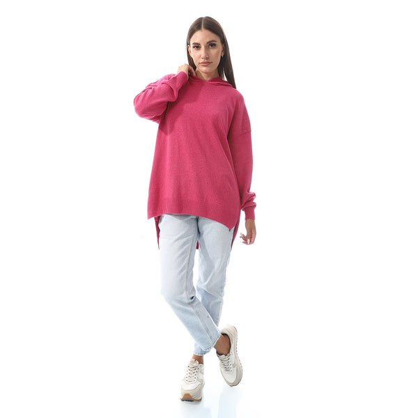 Fuchsia High-Low Knitted Hoodie