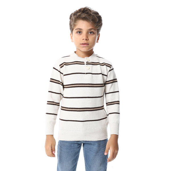 Crew Neck Striped Boys Sweater - Beige & Brown