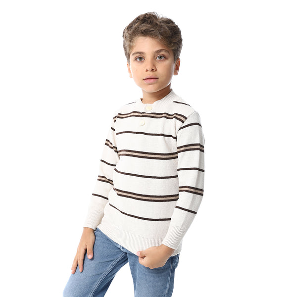 Crew Neck Striped Boys Sweater - Beige & Brown