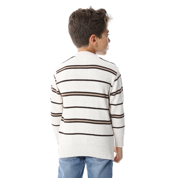 Crew Neck Striped Boys Sweater - Beige & Brown