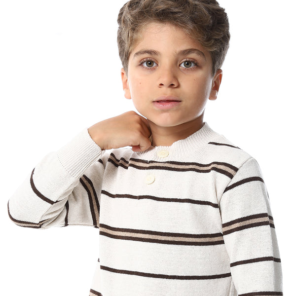 Crew Neck Striped Boys Sweater - Beige & Brown
