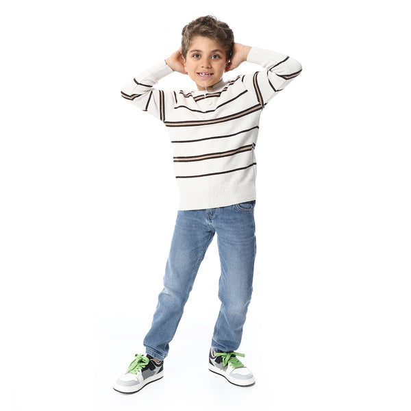 Crew Neck Striped Boys Sweater - Beige & Brown