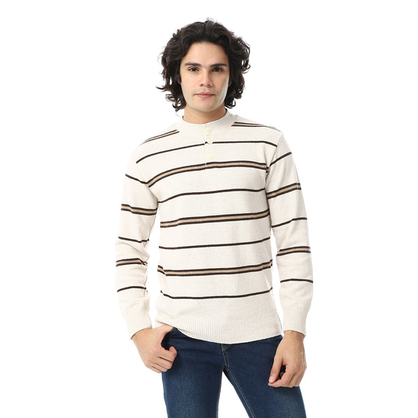 Crew Neck Buttons Closure Striped Sweater - Beige & Brown