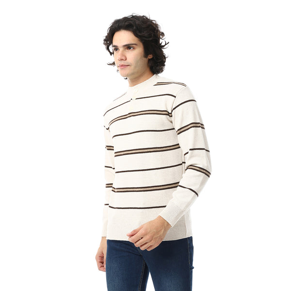 Crew Neck Buttons Closure Striped Sweater - Beige & Brown