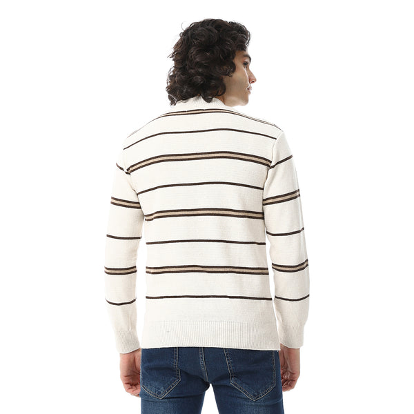 Crew Neck Buttons Closure Striped Sweater - Beige & Brown