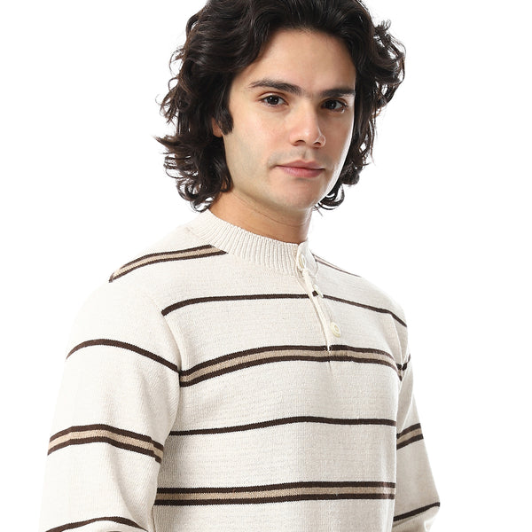 Crew Neck Buttons Closure Striped Sweater - Beige & Brown