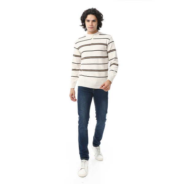 Crew Neck Buttons Closure Striped Sweater - Beige & Brown