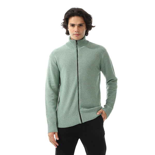 Ribbed Neck & Trim Zipper Sweater - Olive