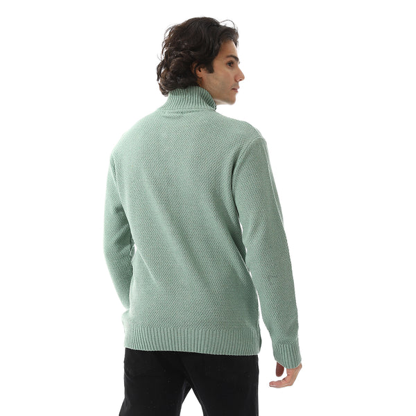 Ribbed Neck & Trim Zipper Sweater - Olive