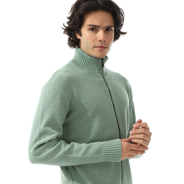 Ribbed Neck & Trim Zipper Sweater - Olive