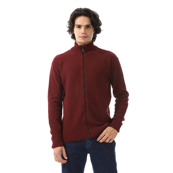 Ribbed Neck & Trim Zipper Sweater - Burgundy