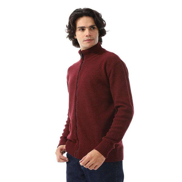 Ribbed Neck & Trim Zipper Sweater - Burgundy