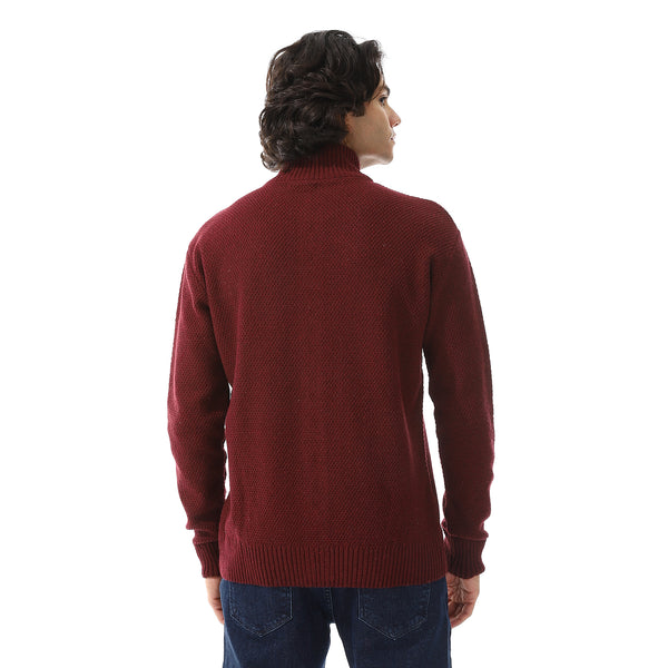 Ribbed Neck & Trim Zipper Sweater - Burgundy