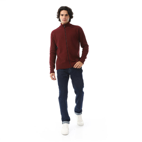 Ribbed Neck & Trim Zipper Sweater - Burgundy