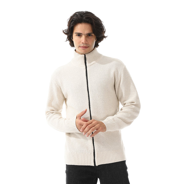 Ribbed Neck & Trim Zipper Sweater - Off White