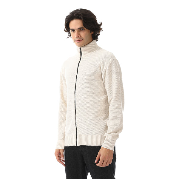 Ribbed Neck & Trim Zipper Sweater - Off White