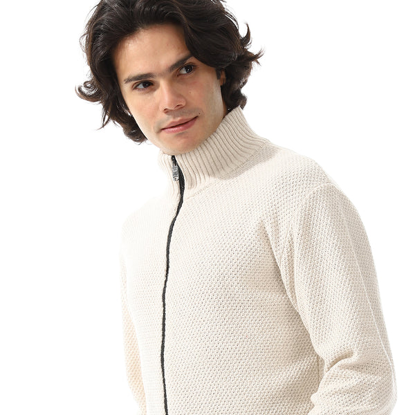 Ribbed Neck & Trim Zipper Sweater - Off White