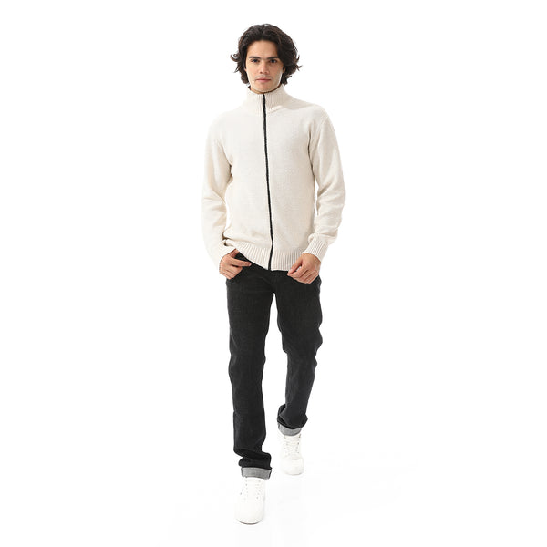 Ribbed Neck & Trim Zipper Sweater - Off White